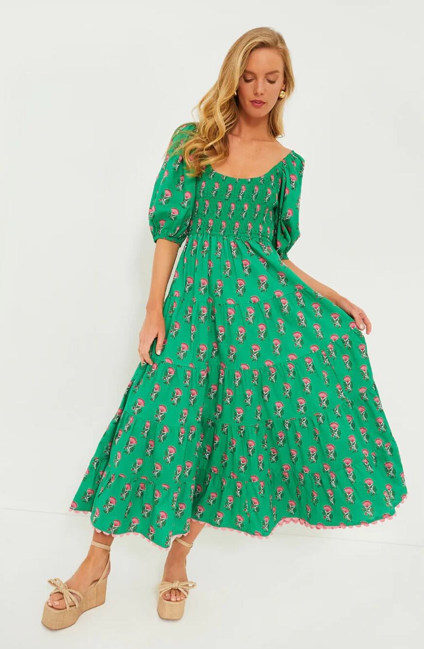 PINK CITY PRINTS Tuckernuck Parakeet Blossom Angelina Midi Smocked Dress Green M